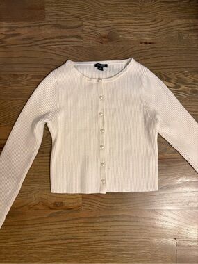 Ribbed Pearl-Button Cardigan - Cream